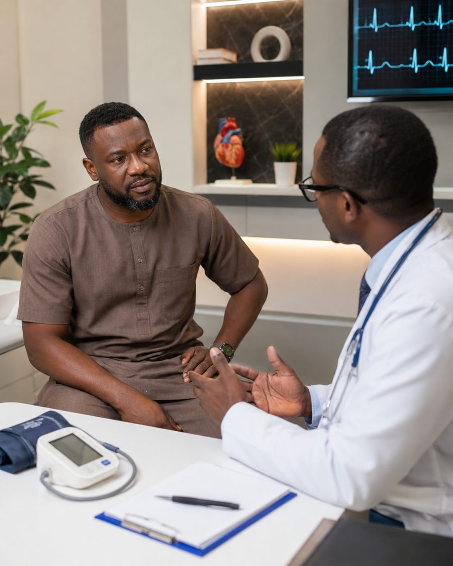 A patient discussing heart health with a clinician in a cardiology consultation room