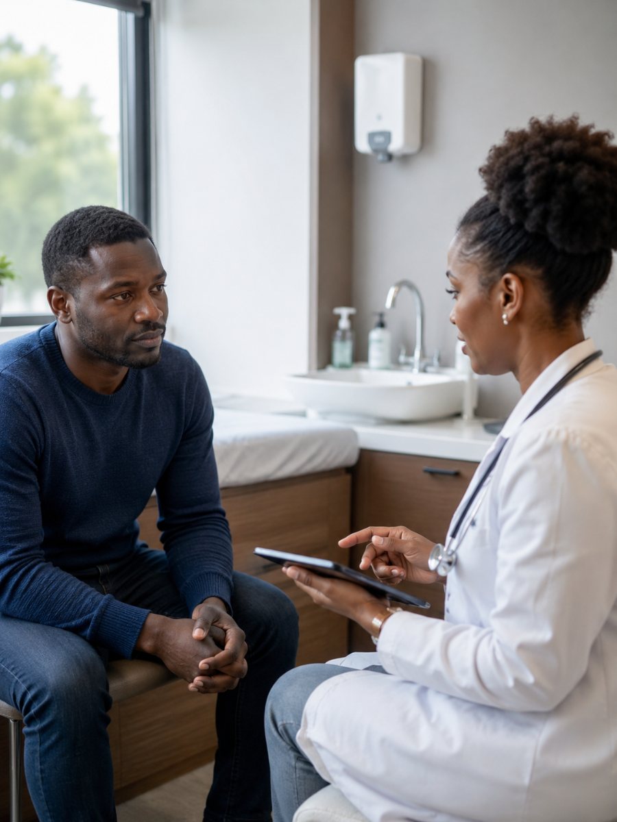A patient in conversation with a healthcare professional during a consultation