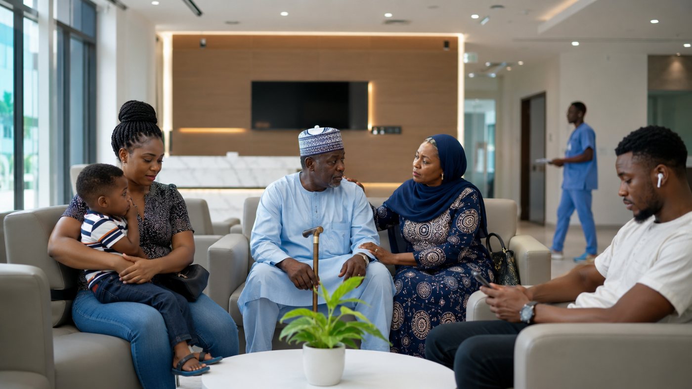 A Nigerian family seated together in the calm reception lounge of Nuga Hospitals