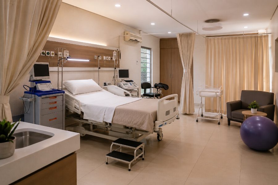 A calm, well-equipped labour ward room