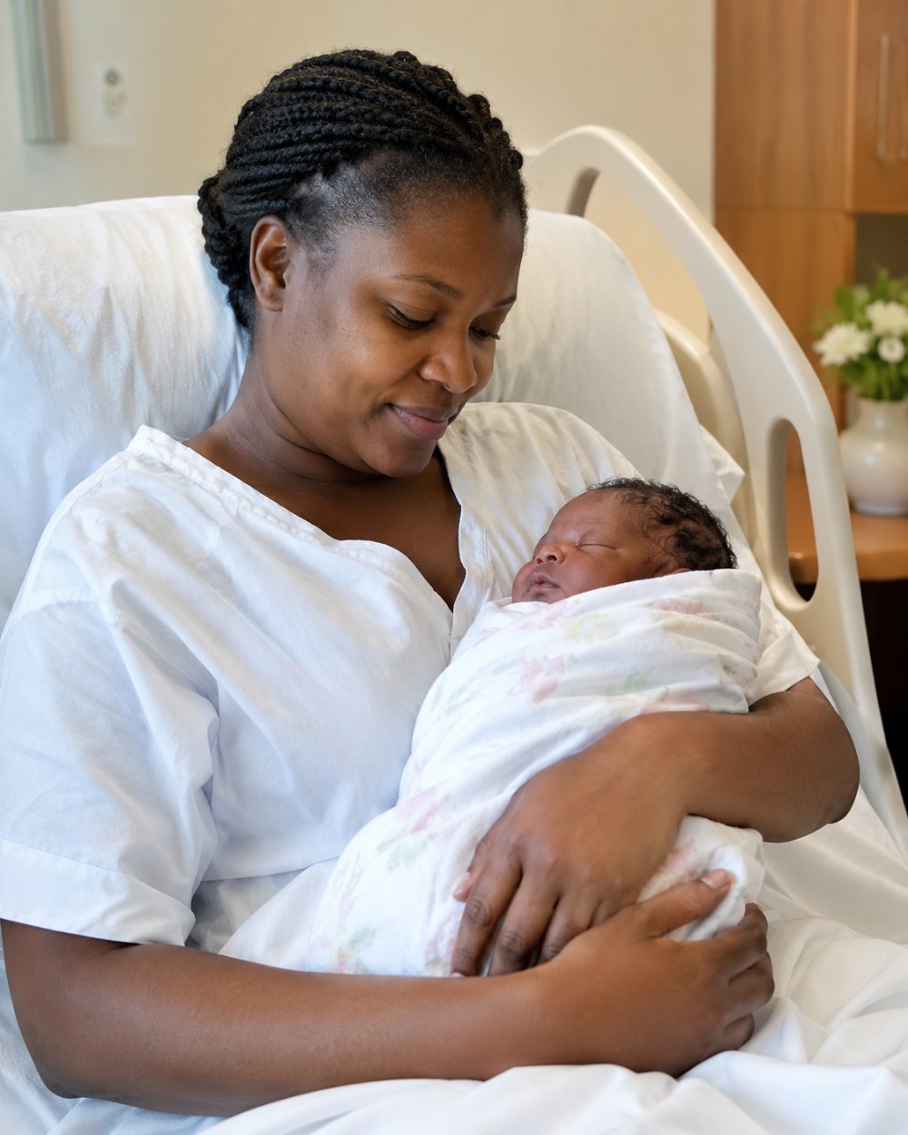 A Nigerian mother cradling her newborn baby in a calm maternity room