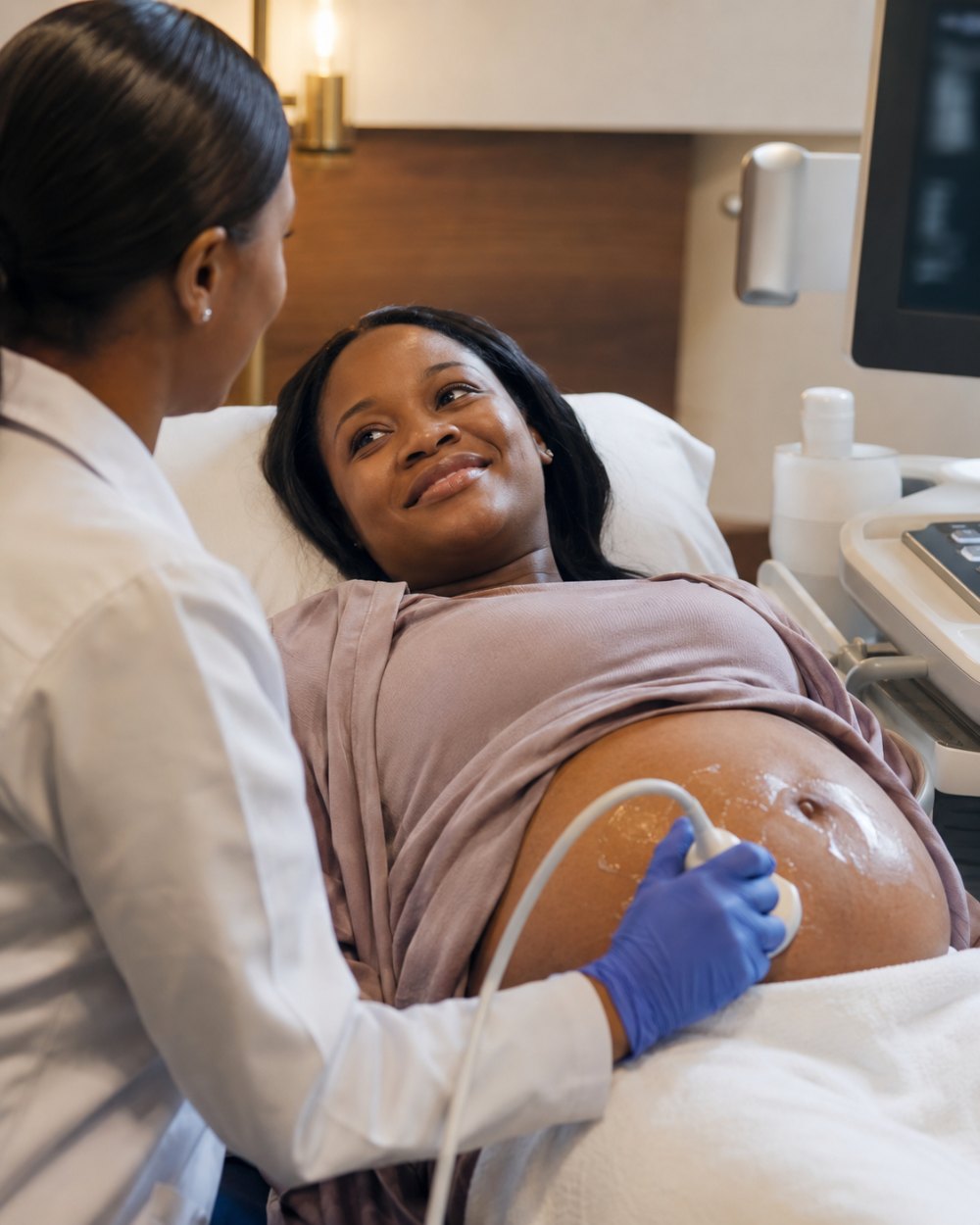A pregnant woman receiving a reassuring ultrasound scan