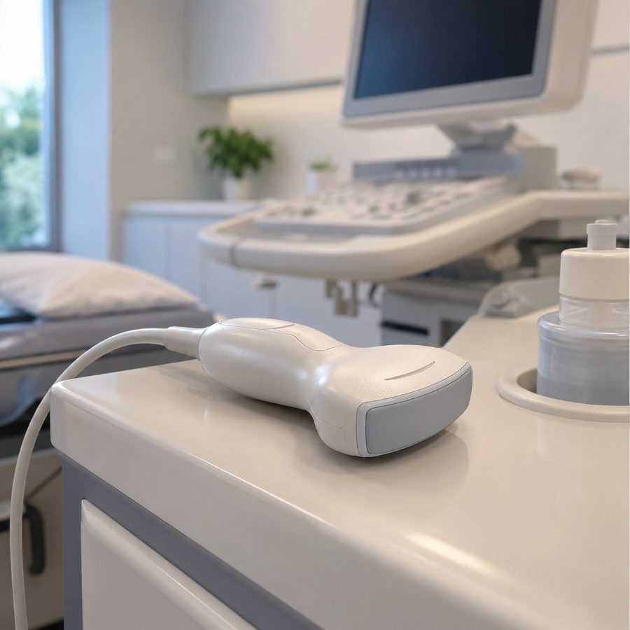 Modern ultrasound imaging equipment in a clean diagnostic room