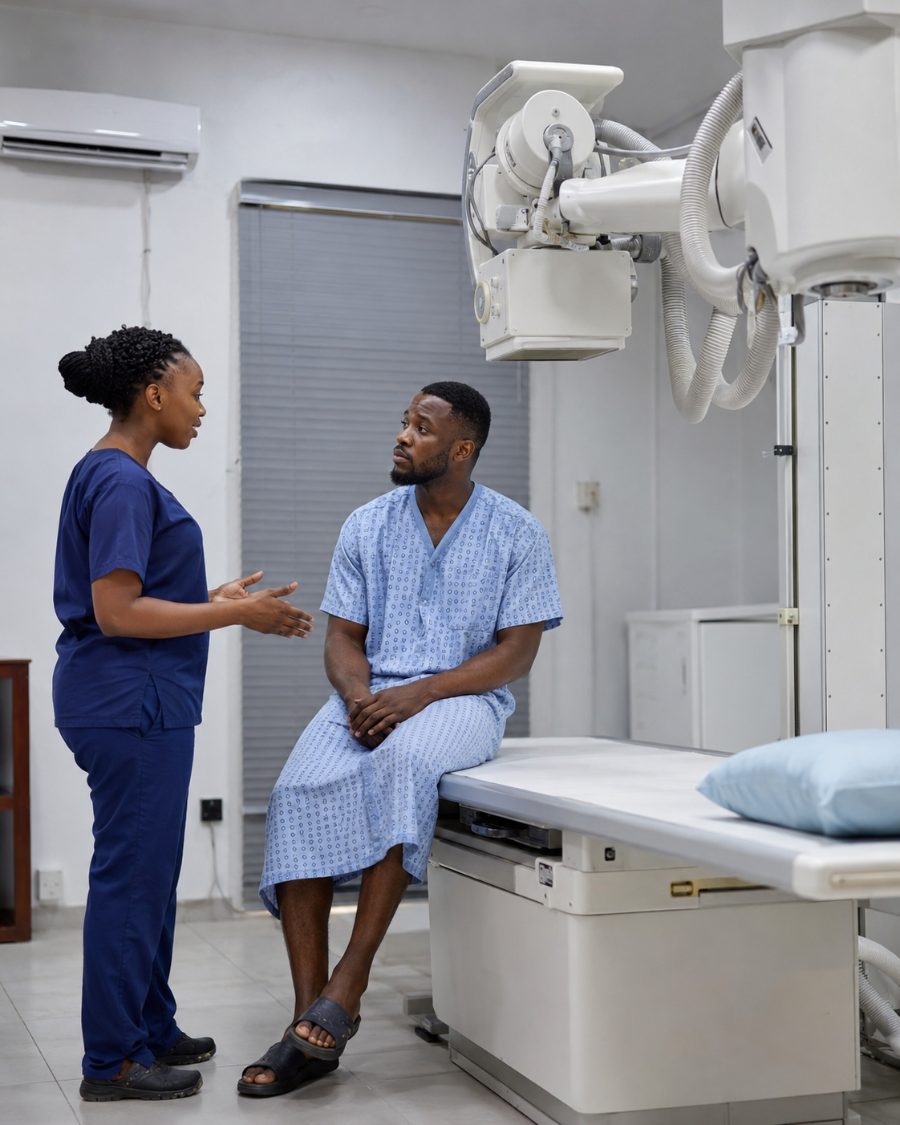 A patient being prepared for an X-ray examination